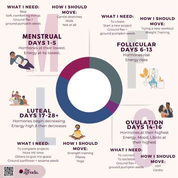 A square decal with a circle in the middle broken down by color to represent the phases of the menstrual cycle.